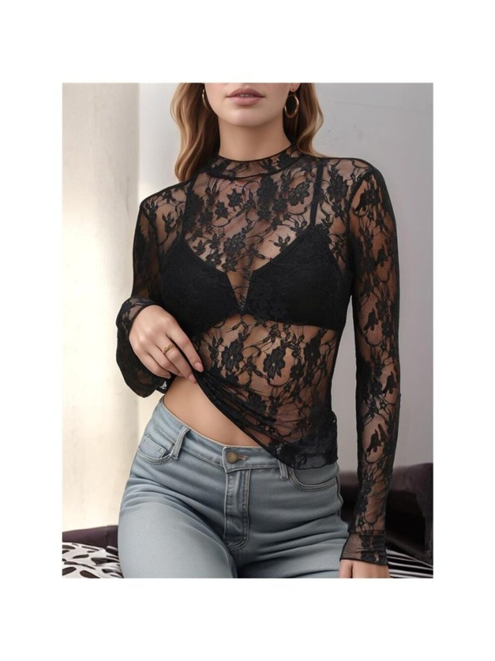Floral Mock Neck Long Sleeve Mesh Top
